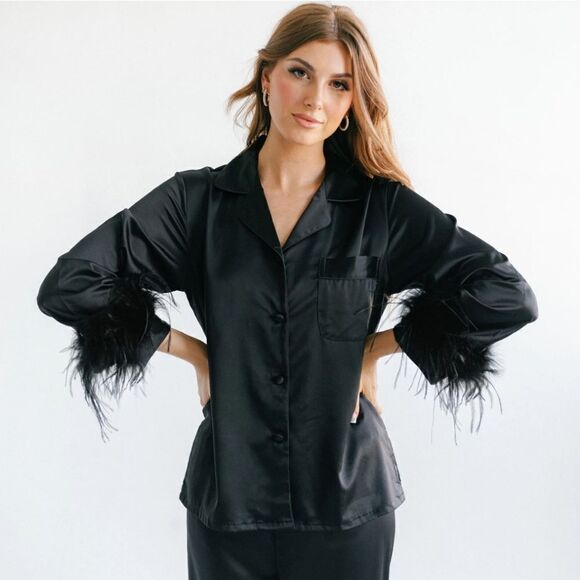 Bon Vivian Dreamer Feather Trim Sleeve Pajama TOP - Picture 9 of 9